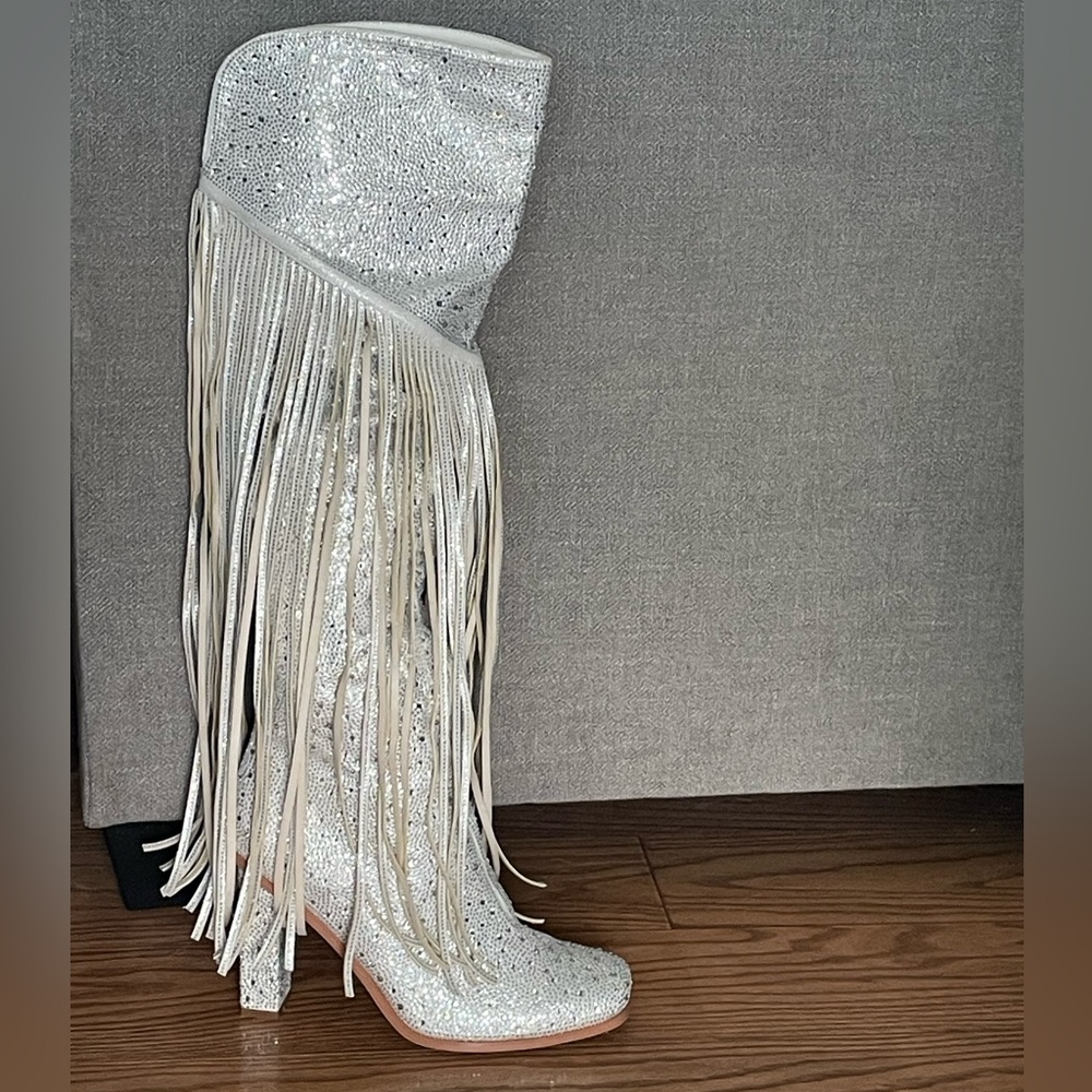 Sliver rhinestone / fringe over the knee boots size 9